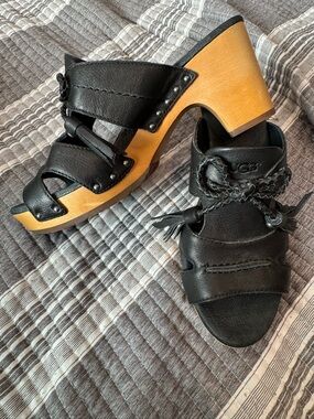 UGG Black Leather Braided Slide Mules